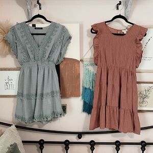 Bundle of Mint Green and Reddish-Pink Ruffle Tops